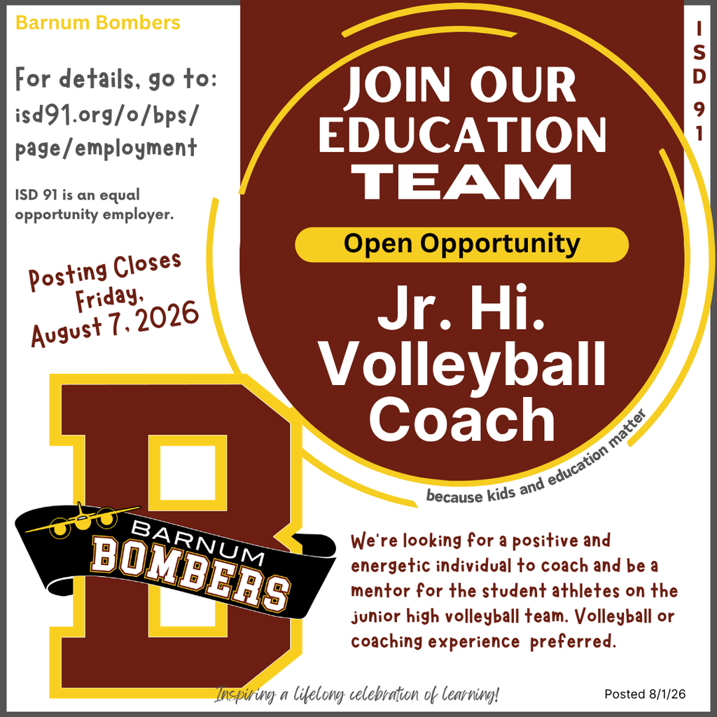 Jr Hi Volleyball Coach help wanted info with school logo in maroon, yellow and black