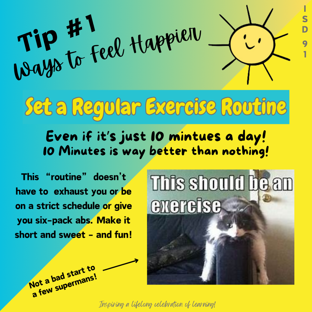 Ways to feel happier tip about exercise with pic of cat sprawled over the arm of the couch