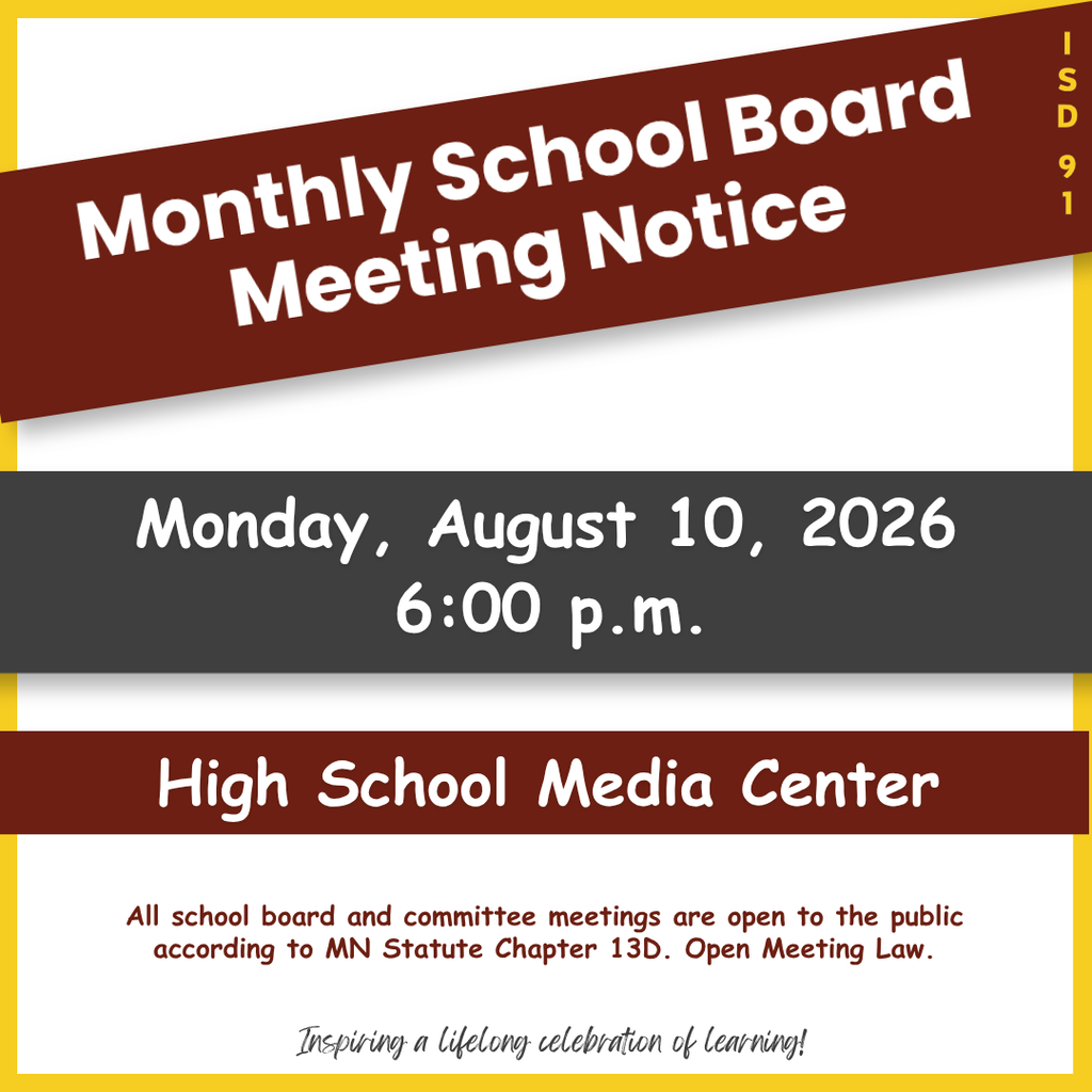 School Board meeting notice in maroon, yellow and grey