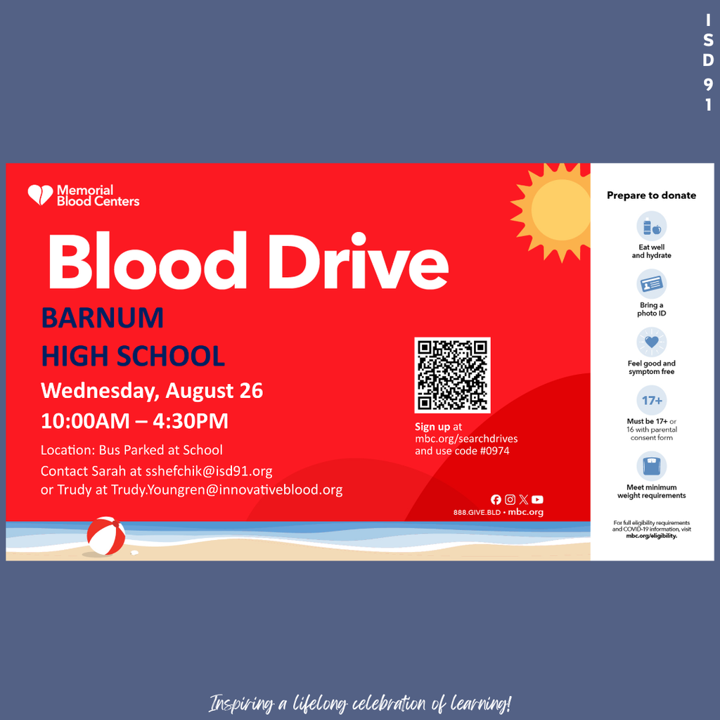 Barnum Schools Blood Drive info