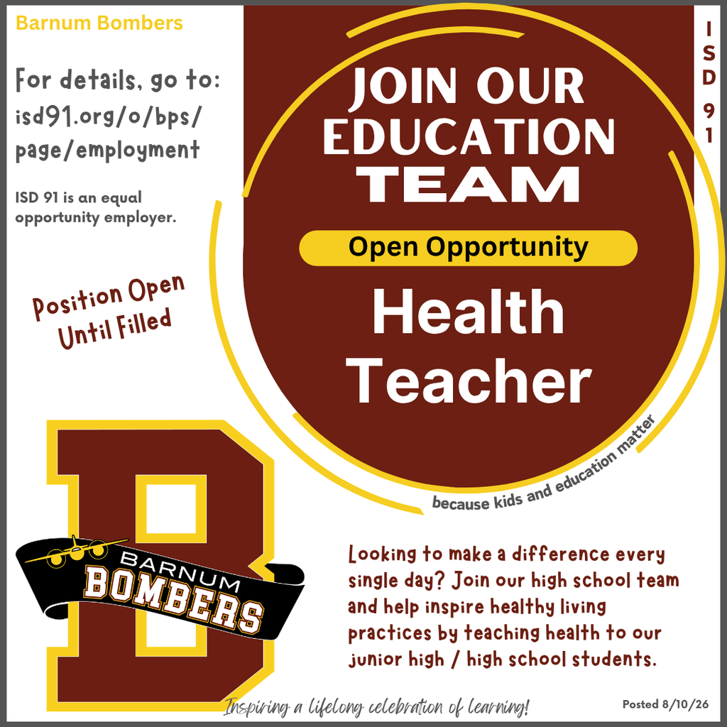 health teacher help wanted in maroon, yellow and black with school B logo