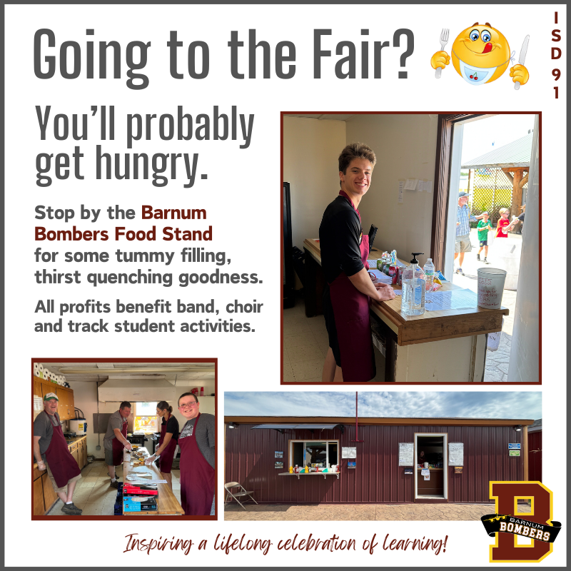 student at fair booth window ready to help customers, 3 adults and 1 student a food prep table