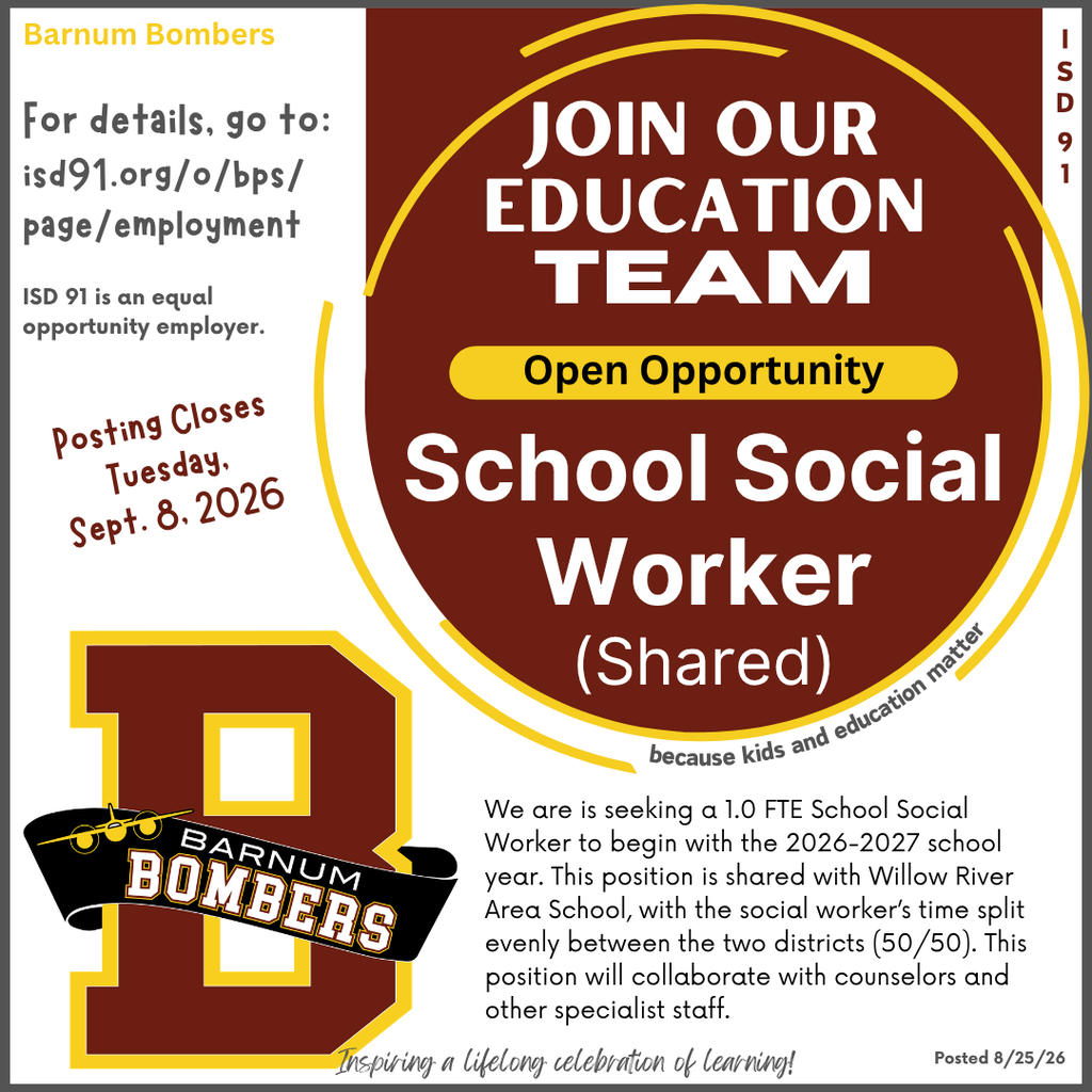 School social worker help wanted info with school B logo in maroon, yellow and black
