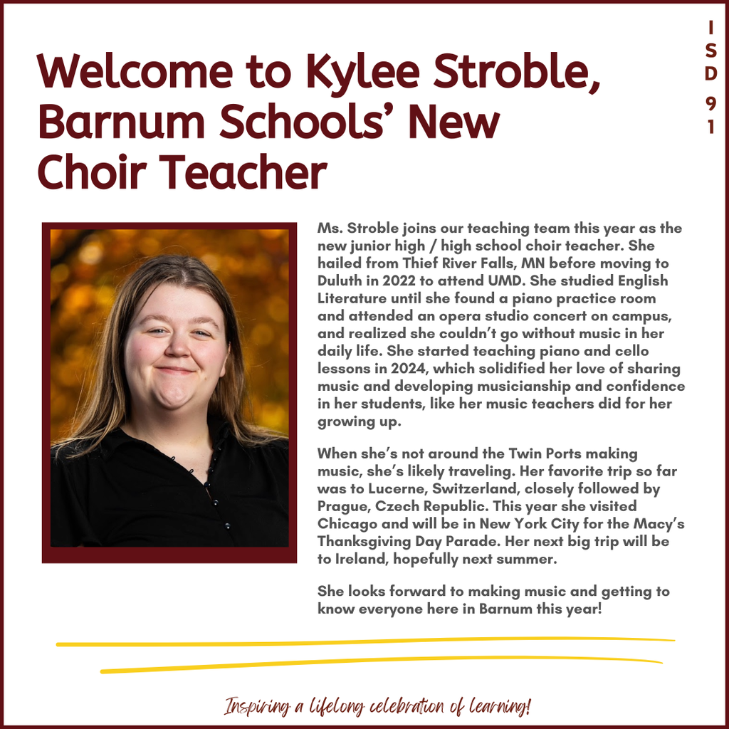 new choir teacher headshot and intro information about her