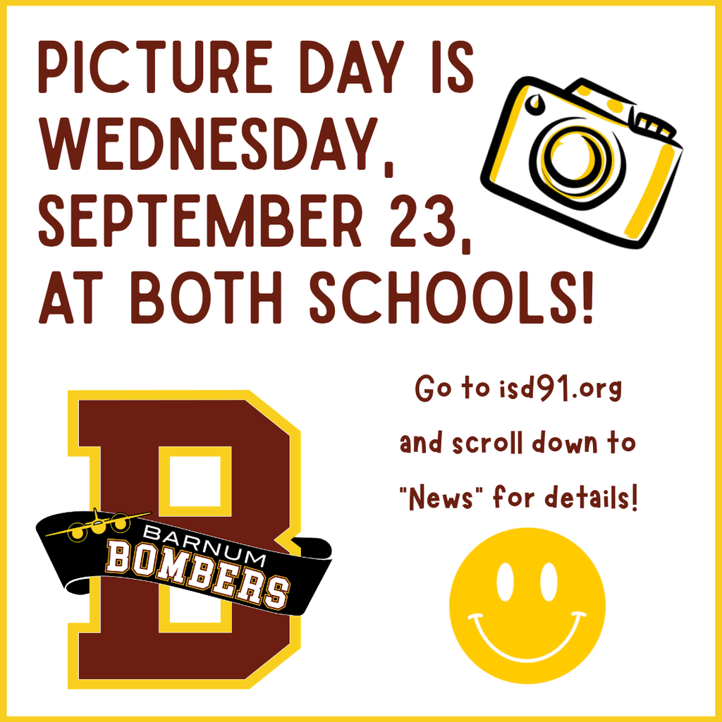 Picture day info with B logo, yellow smiley face and yellow camera