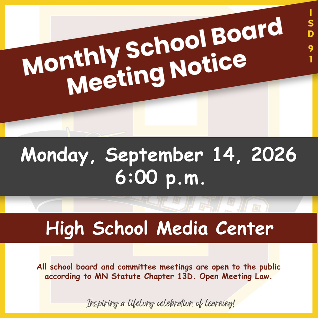 School board meeting text with maroon and grey bars across a faded out school B logo