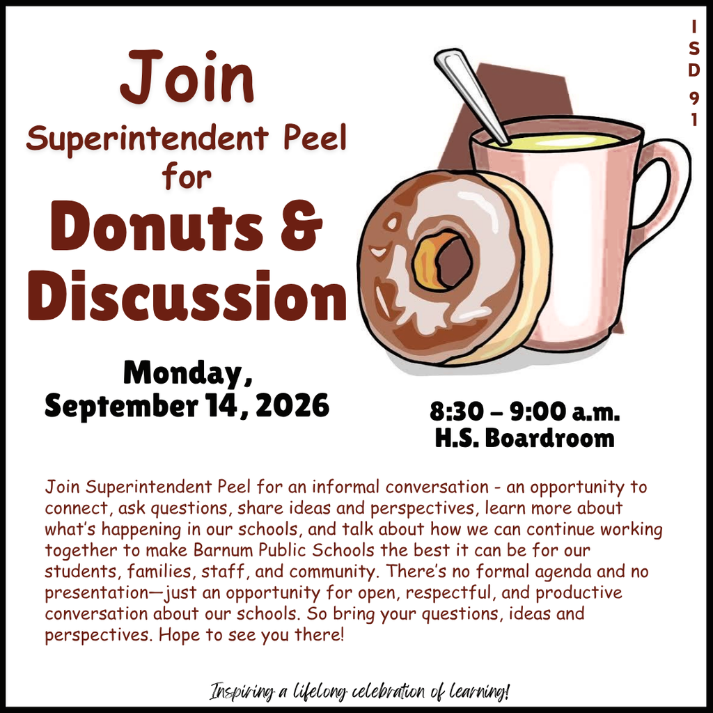 pic of coffee mug with spoon an donut, and text about a donuts and discussion meeting, in muted maroon tones