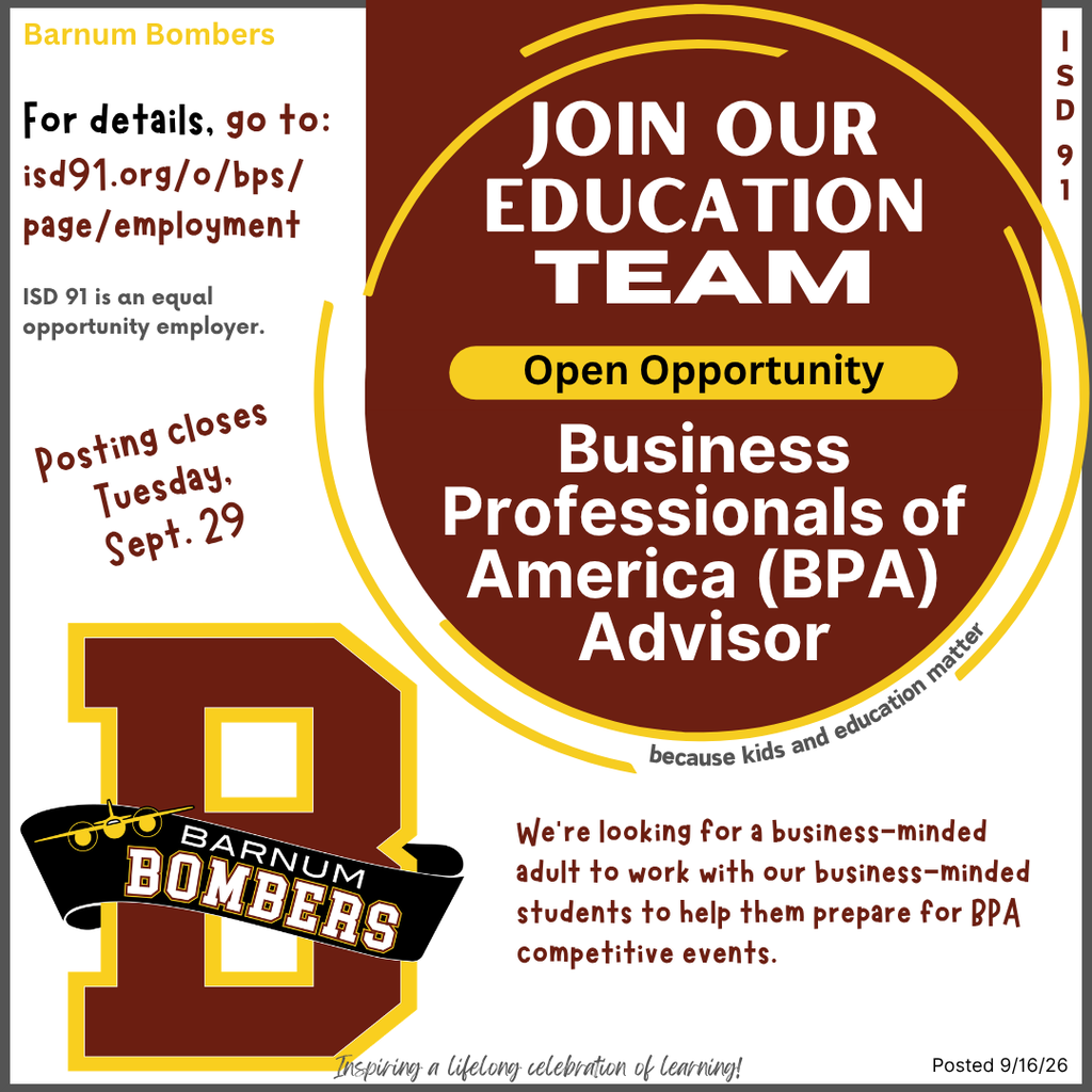 BPA Advisor job post with school B logo in maroon and yellow