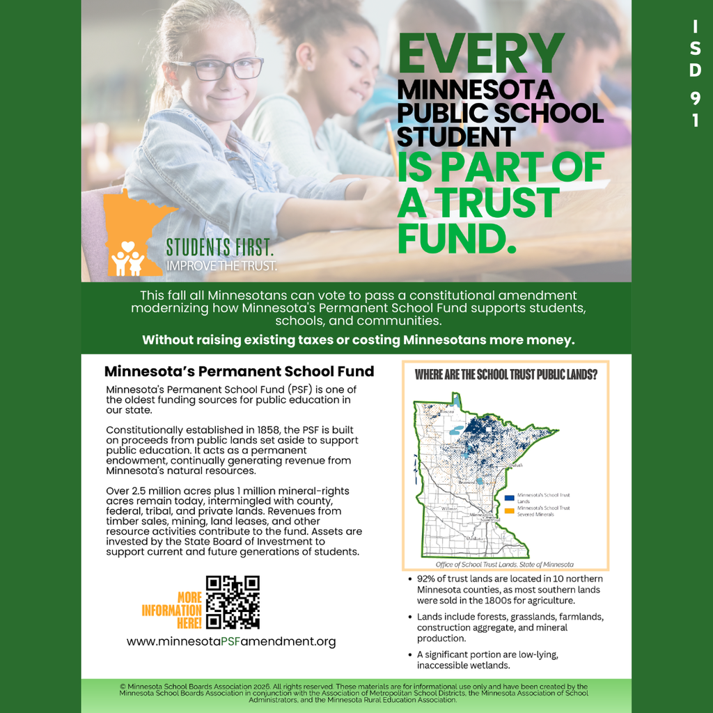 two students at work table doing school work and information about the MN Permanent School fund with green background