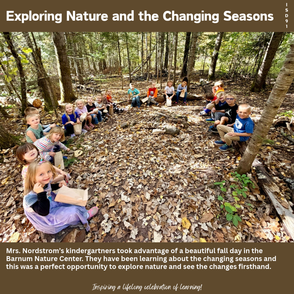 kindergartners sitting on logs out in the school forest