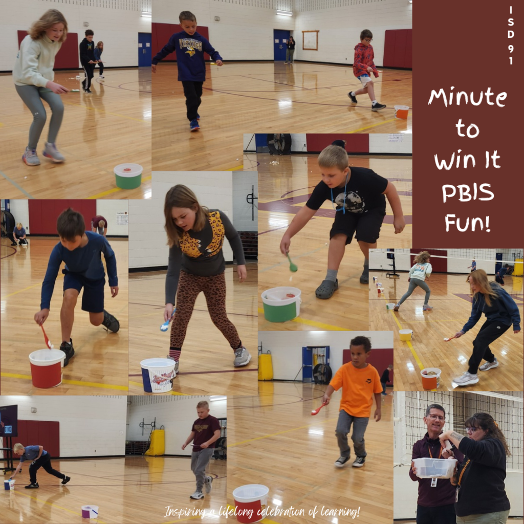 elementary students in gym racing with wooden spooons filled with marshmallows