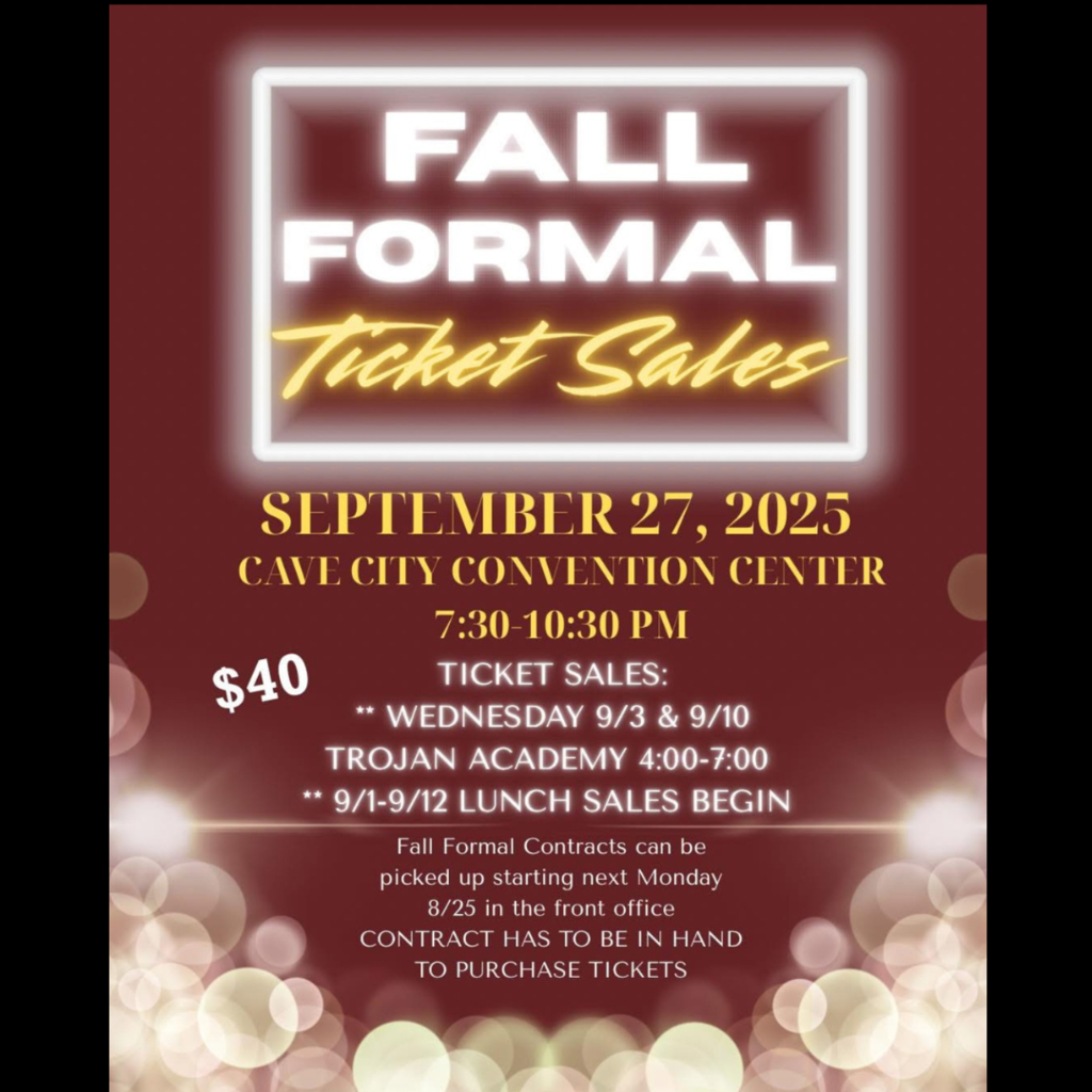 BCHS Fall Formal is September 27, 2025 .Coming soon!!! Ticket sales will last for 2 weeks only!! They will be during lunches starting September 2nd. We will also offer an afterschool opportunity for ticket purchases on Wednesday 9/3 and Wednesday 9/10 from 4:00-7:00! Fall formal is at a new location this year and we are so excited to see you there!!