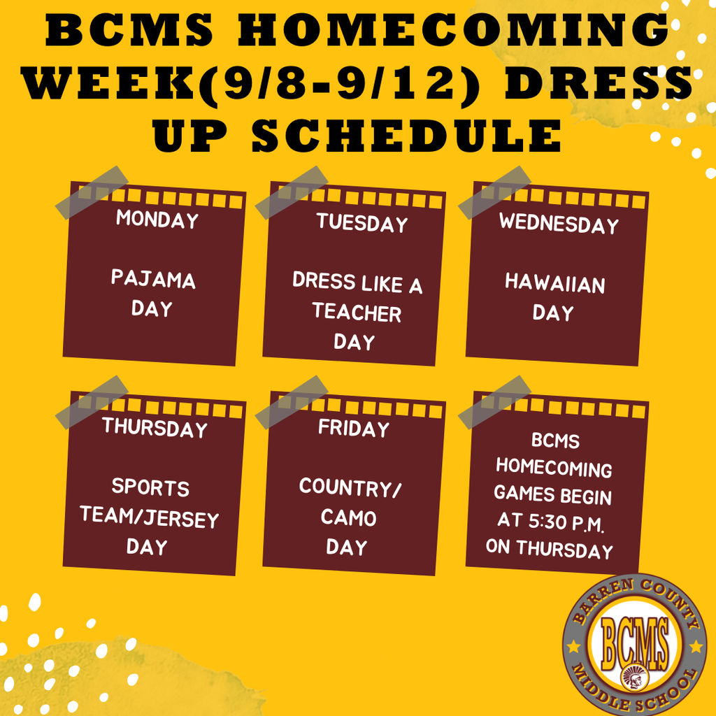 BCMS Homecoming week dress up schedule