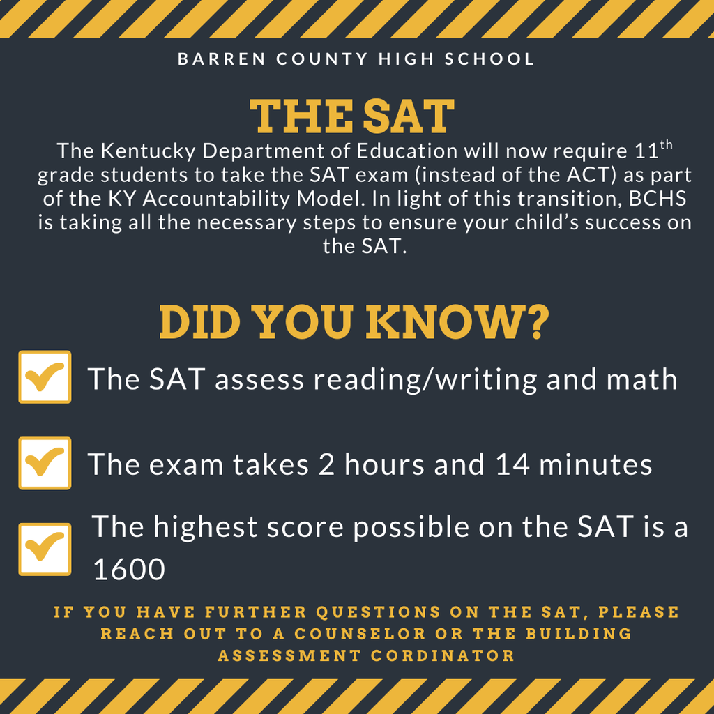 Did you know SAT asses reading writing and math. The exam takes 2 hours and 14 minutes. The highest  score possible on the SAT is a 1600.