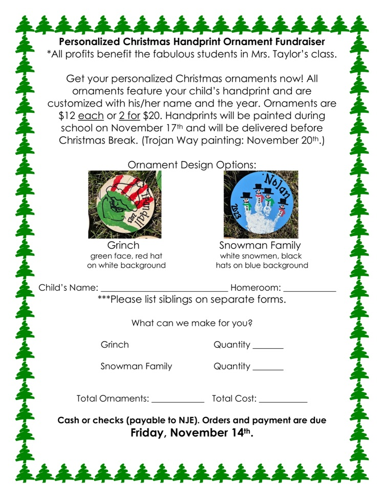 Handprint Ornament Fundraiser. Forms coming home tomorrow. 