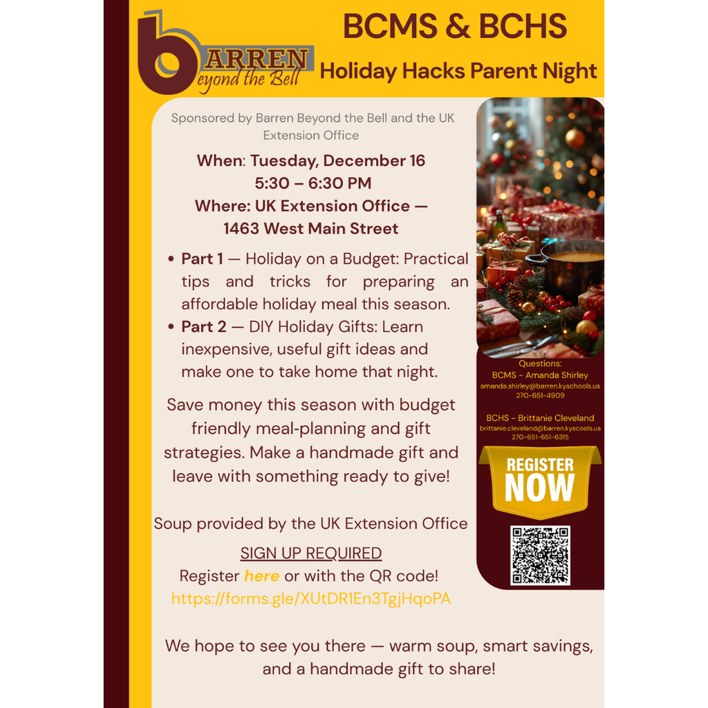 BCHS Holiday Hack December 16th from 5:30 - 6:30 at UK Extension Office 1463 West Main Street