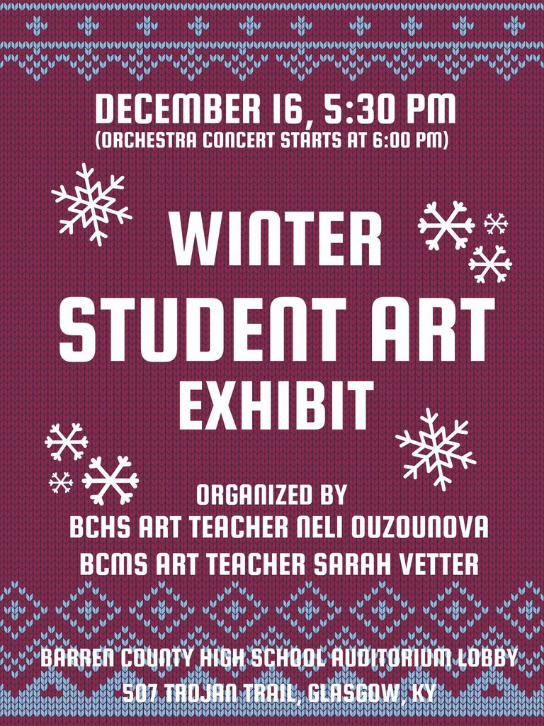 BCHS & BCMS Art Exhibit December 16th at 5:30 at BCHS Auditorium