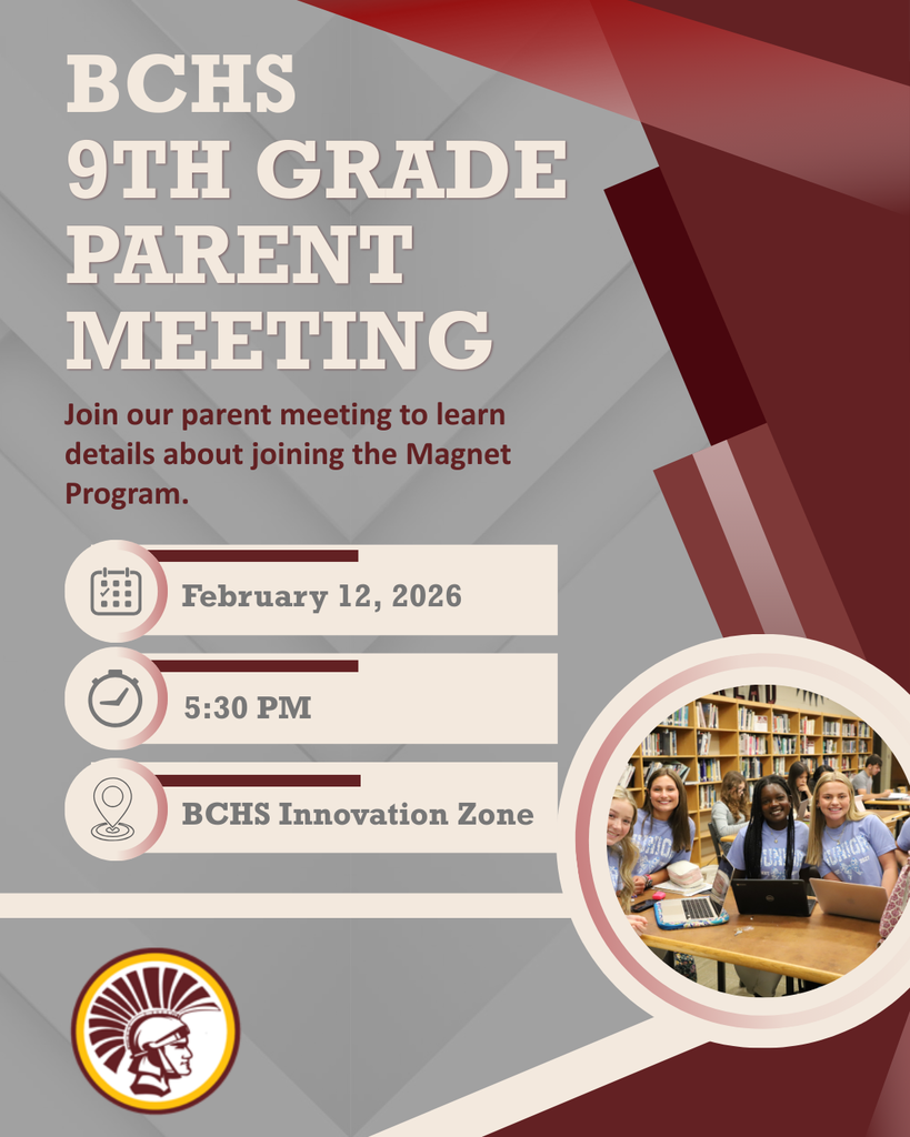 Parents of current 9th graders: join us for an informative parent meeting about BCHS’s Magnet Program on February 12 at 5:30 PM in the Innovation Zone. Learn about program benefits, student opportunities, and how to support your child’s pathway to success.