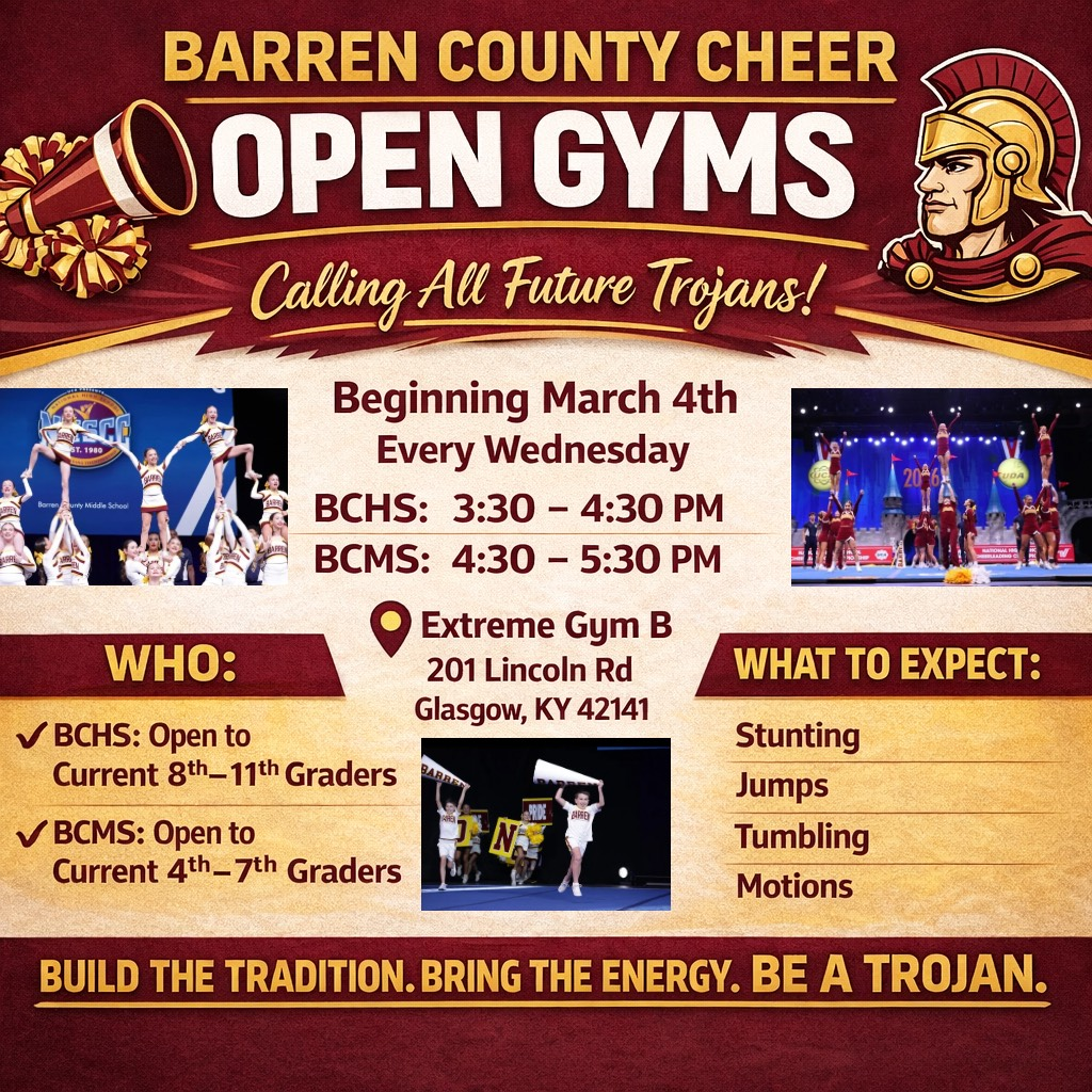 Build the tradition. Bring the energy. Be a Trojan. Open Gyms start March 4 — Wednesdays at Extreme Gym B. BCHS 3:30–4:30 PM | BCMS 4:30–5:30 PM.