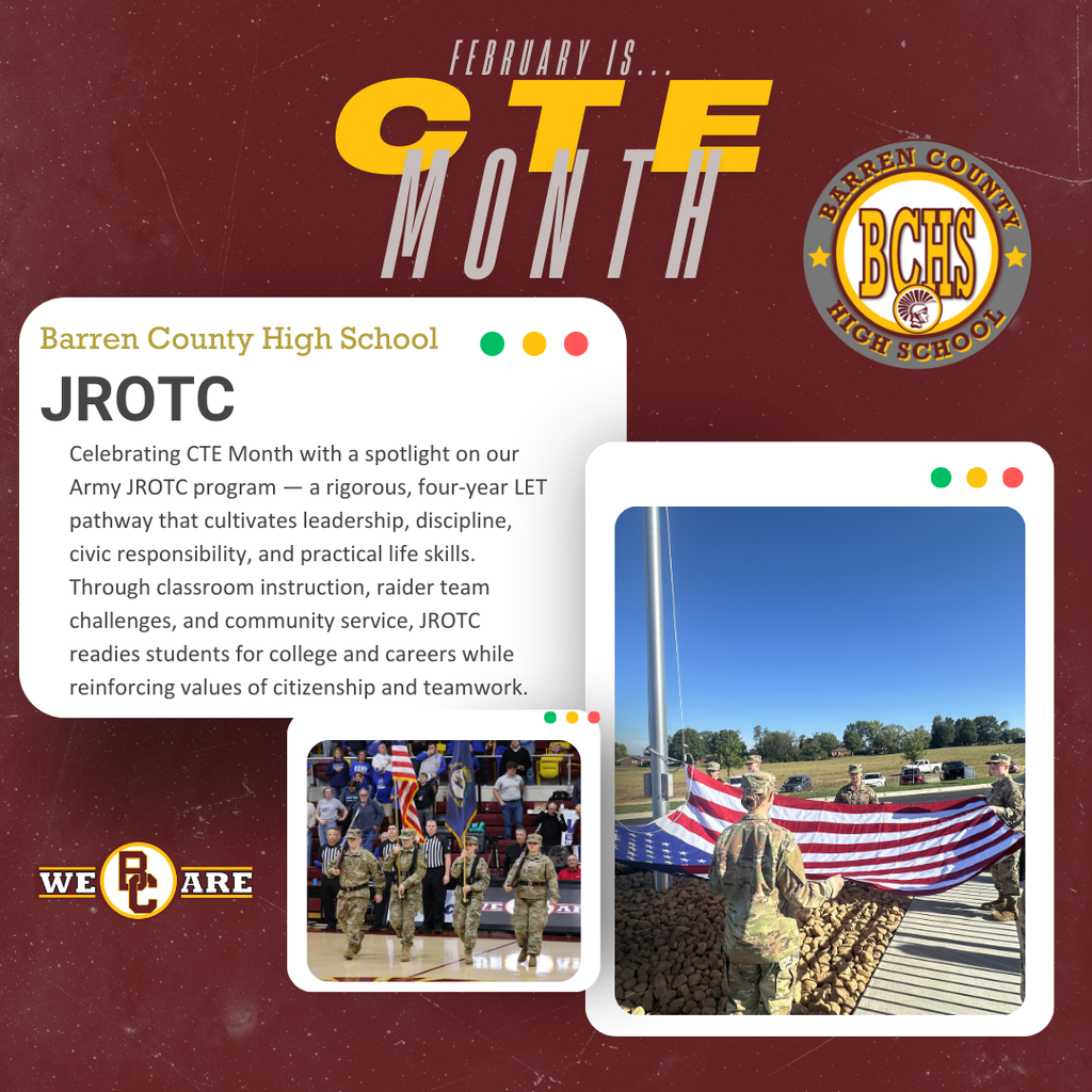Celebrating CTE Month with a spotlight on our Army JROTC program — a rigorous, four-year LET pathway that cultivates leadership, discipline, civic responsibility, and practical life skills. Through classroom instruction, raider team challenges, and community service, JROTC readies students for college and careers while reinforcing values of citizenship and teamwork.