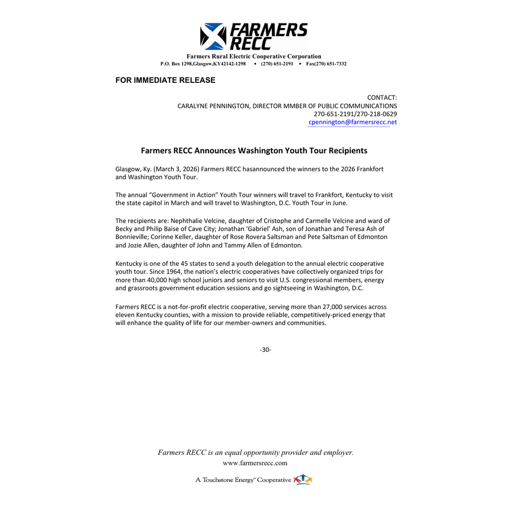 Congratulation to  Sephora Velcine on being selected as Farmers RECC Announces Washington Youth Tour Recipient. The annual “Government in Action” Youth Tour winners will travel to Frankfort, Kentucky to visit the state capitol in March and will travel to Washington, D.C. Youth Tour in June.  