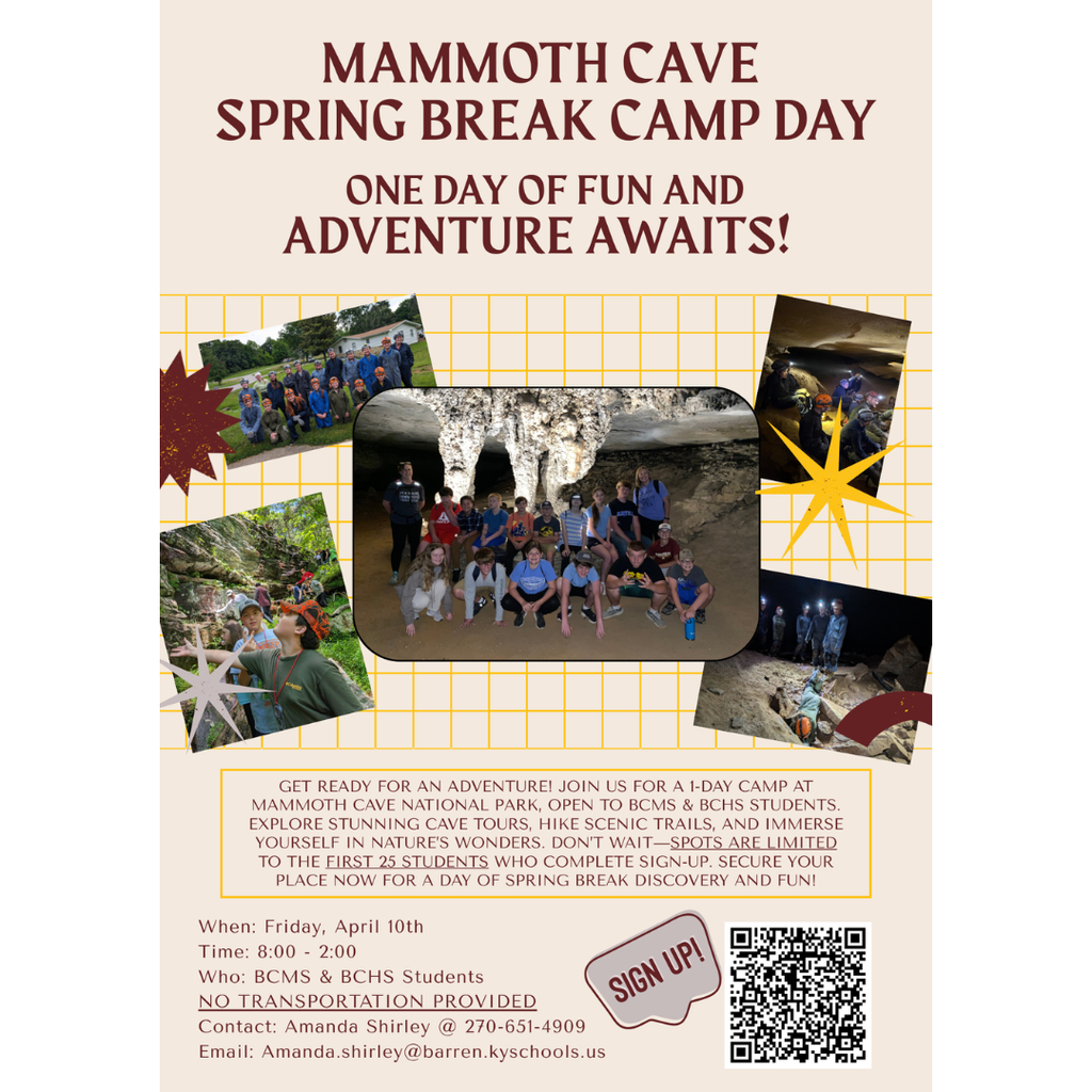 We’re excited to offer a fun upcoming park event just for middle and high school students!  ⚠️ Important Details to Know:  🚗 Transportation is NOT provided. Parents/guardians are responsible for dropping off and picking up students at Mammoth Cave National Park. ⏳ Spots are LIMITED! Only the first 25 students to sign up will be able to attend. ✅ Registration is first come, first served—once spots are filled, we cannot accept additional students. This is a wonderful opportunity for students to get outside, connect with friends, and enjoy some time at the park.  👉 Be sure to sign up ASAP to secure your spot.