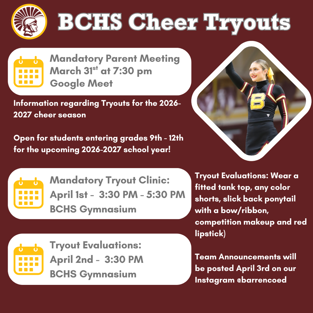 Information regarding Barren County High School Cheerleading Tryouts for the 2026-2027 season  This is open to anyone entering grades 9th - 12th for the upcoming 2026-2027 school year!  Mandatory Parent Meeting on Google Meet: March 31st @ 7:30 PM link below.  https://meet.google.com/rnp-zoss-fcn?hs=224    Mandatory Tryout Clinic: April 1st  3:30 PM - 5:30 PM (Wear burgundy and gold)  Tryout Evaluations: April 2nd @ 3:30 PM (Wear a fitted tank top, any color shorts, slick back ponytail with a bow/ribbon,competition makeup and red lipstick) Tryouts location: BCHS Gymnasium  Please fill out the google form below to register for tryouts! Go Trojans!  https://docs.google.com/.../1y0c8joF05L.../viewform...     Team Announcements will be posted April 3rd on our Instagram @barrencoed