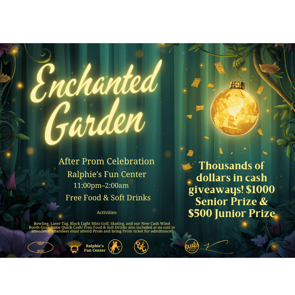 BCHS After Prom Celebration will be held at Ralphie's Fun Center from 11:00 PM - 2:00 AM. Free food and soft drinks plus lots of prizes come join in on the fun. Remember you must attend prom and have your prom ticket for admittance. 