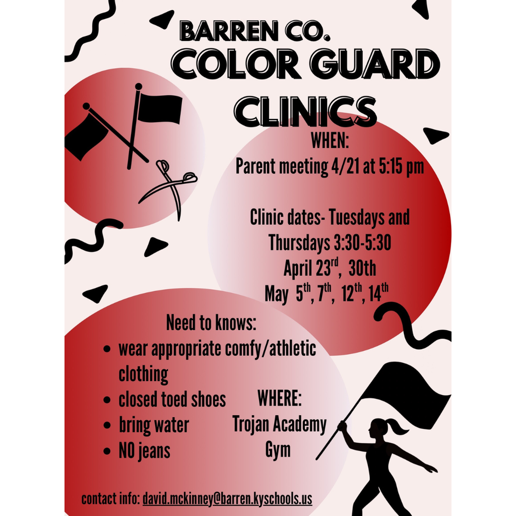 Interested in Color Guard? BCHS and BCMS students are invited to participate in color guard clinics beginning April 23. For more information join our parent meeting today April 21st at 5:15 pm  in the BCHS Band Hall enter in Door 25 by the Auditorium. 