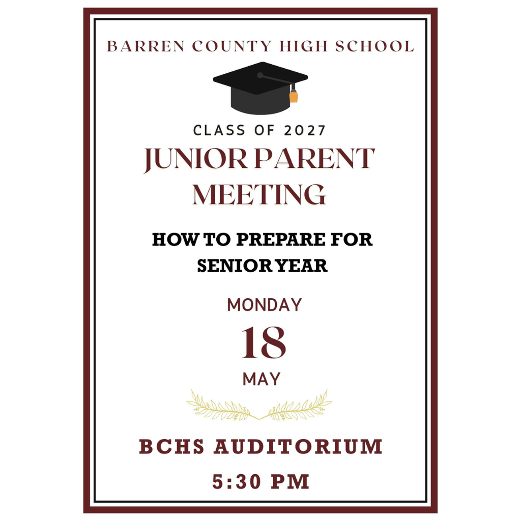 Junior Parent Meet - Monday, May 18th at 5:30 PM  in the BCHS Auditorium.    It's time to start thinking about senior year. Join us to discuss key ways you can help your student prepare for their biggest year yet. We hope to see you there! 