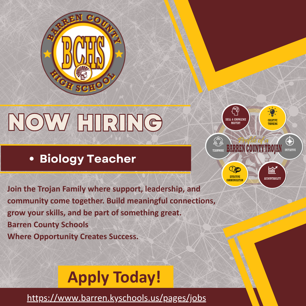 BCHS is hiring! Barren County High School is looking for an English Teacher to join the team. Enjoy a supportive work environment with excellent benefits! Click the link to apply: https://barrenctyky.schoolspring.com/