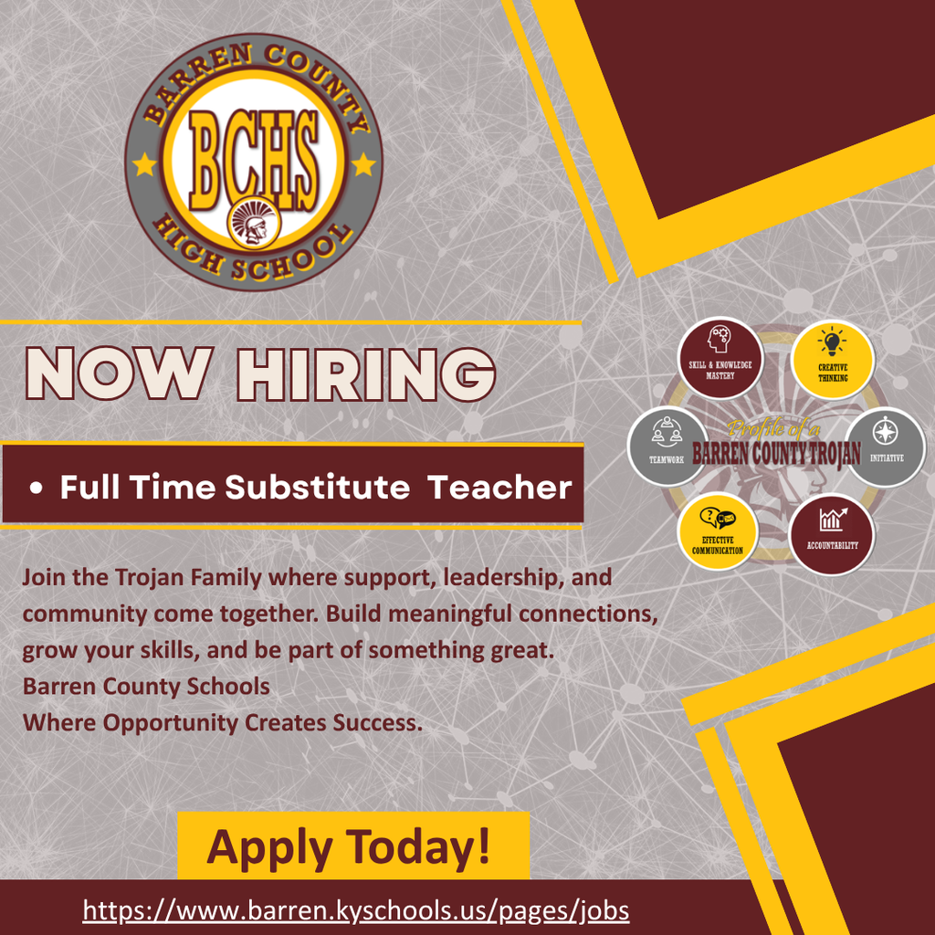 BCHS is hiring! Barren County High School is looking for a Full Time Substitute Teacher to join the team. Enjoy a supportive work environment with excellent benefits! Click the link to apply: https://barrenctyky.schoolspring.com/
