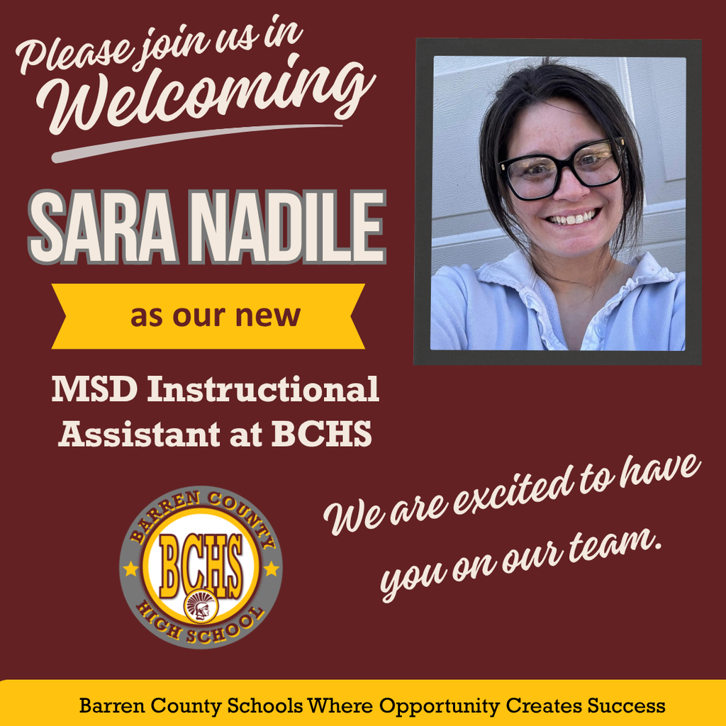 We're excited to welcome Sara Nadile as our new MSD Instructional Assistant. Welcome to the BCHS team! #WeareBC