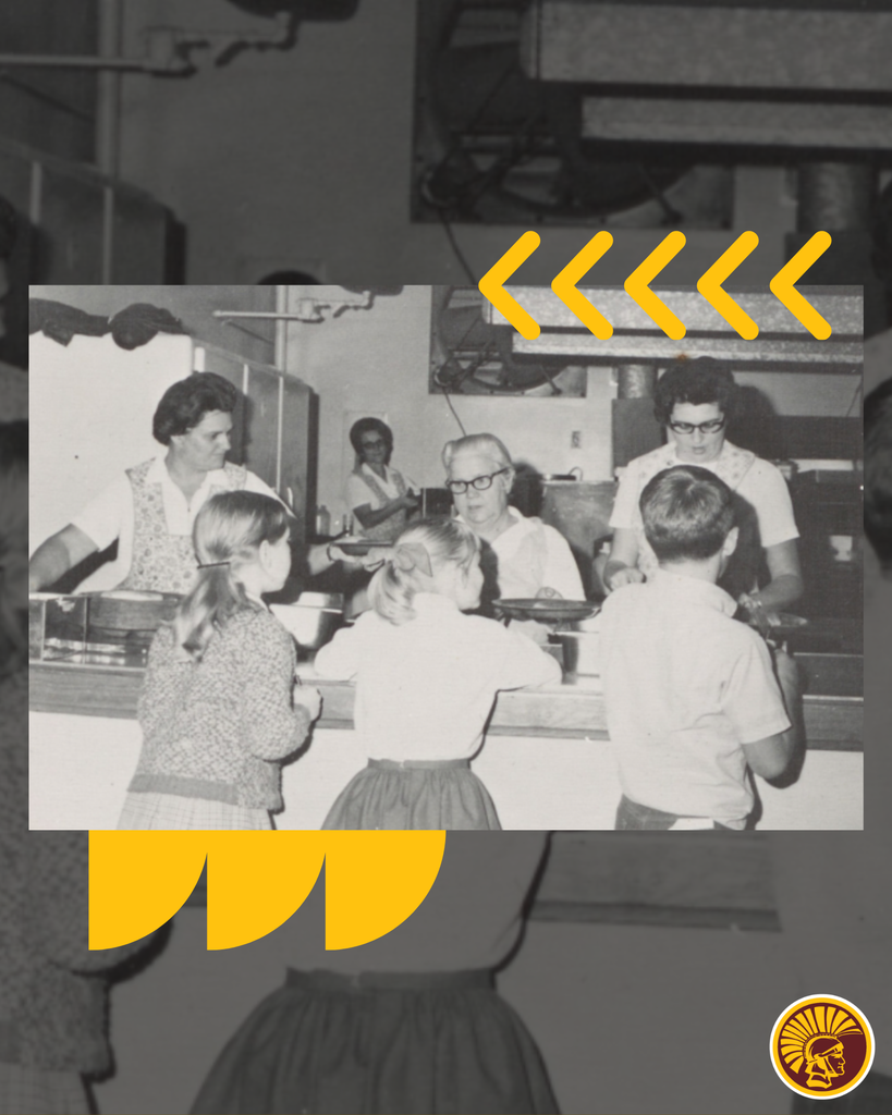 Graphic showing cafeteria staff at Austin Tracy in 1973