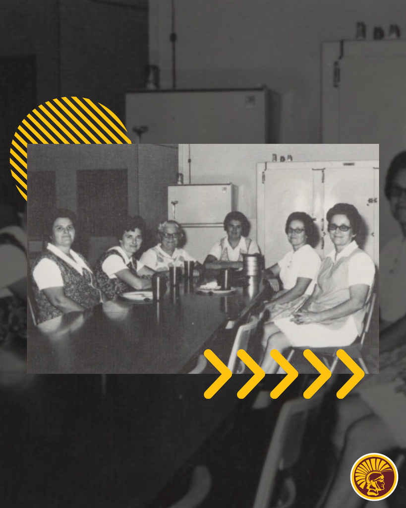 Graphic showing cafeteria staff at Austin Tracy in 1973