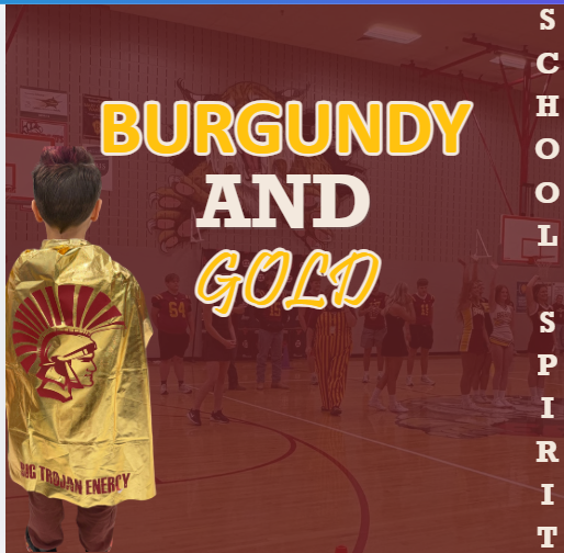 Picture of cheerleaders and football players on the court. Encouragement to wear burgundy and gold to show your school spirit.