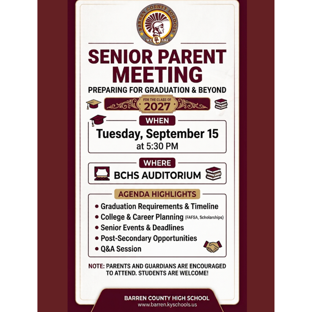 Important Reminder! Senior parent meeting tonight at 5:30 in the BCHS Auditorium. Highlights for tonight's meeting. Graduation requirements and timeline. College and Career Planning. Senior Events and Deadlines. Post-Secondary Opportunities. Q&A Session.