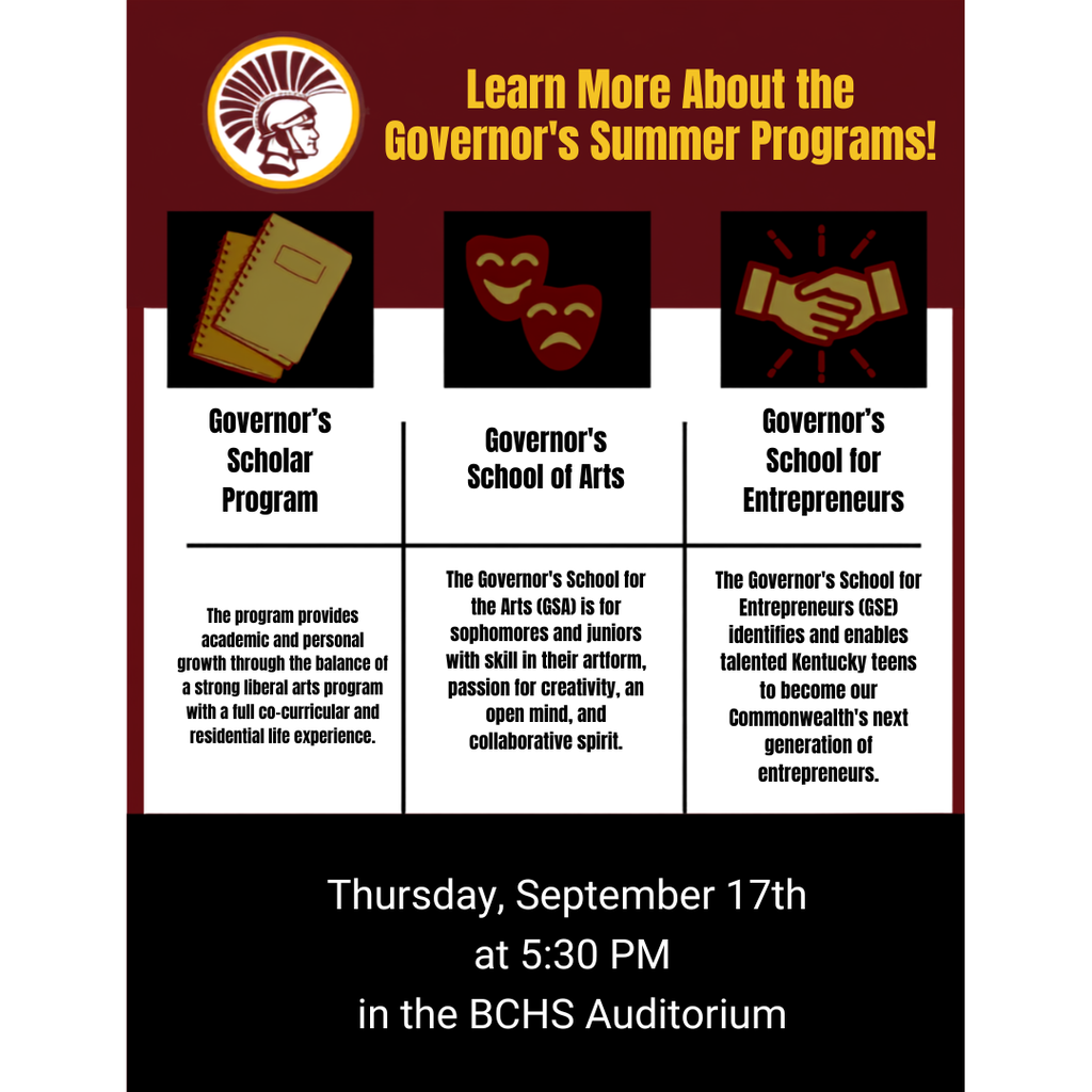 Meeting reminder! BCHS will hold an information meeting tonight at 5:30 in the BCHS auditorium for those interested in the Governor's Summer Programs.