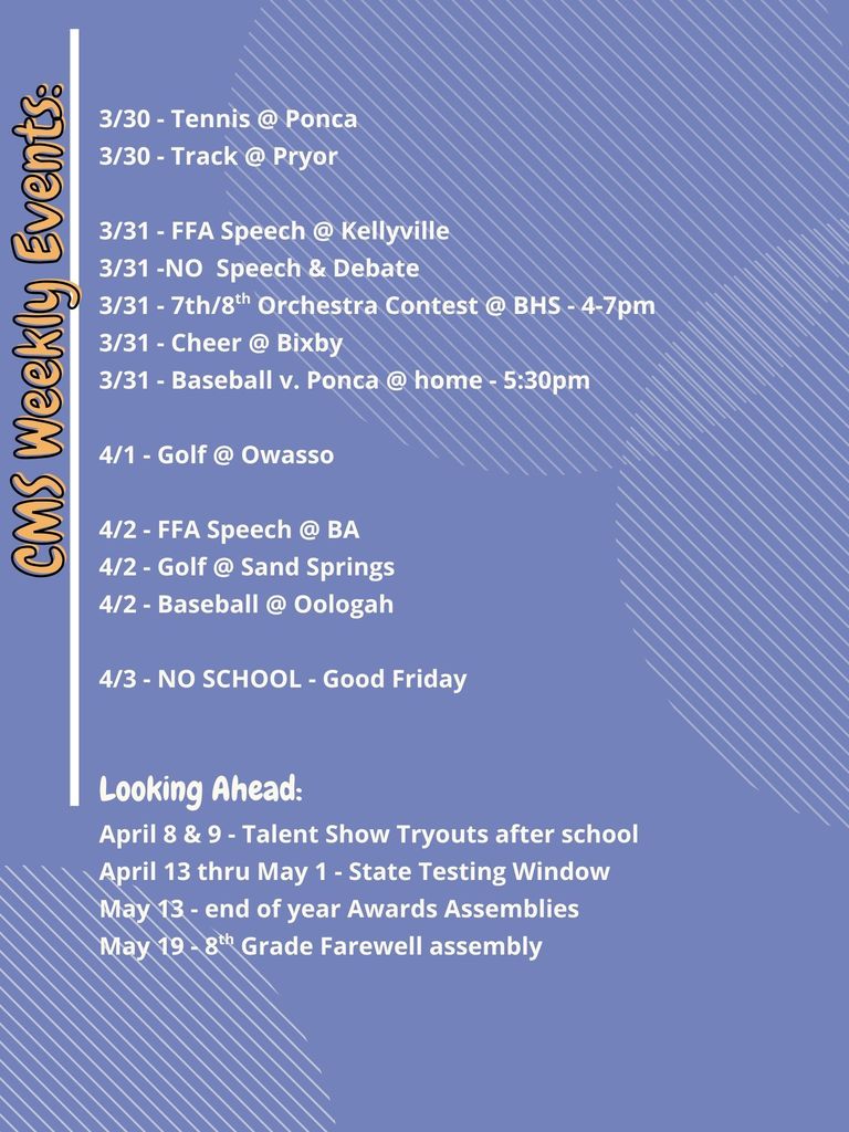 CMS Events Week of March 30