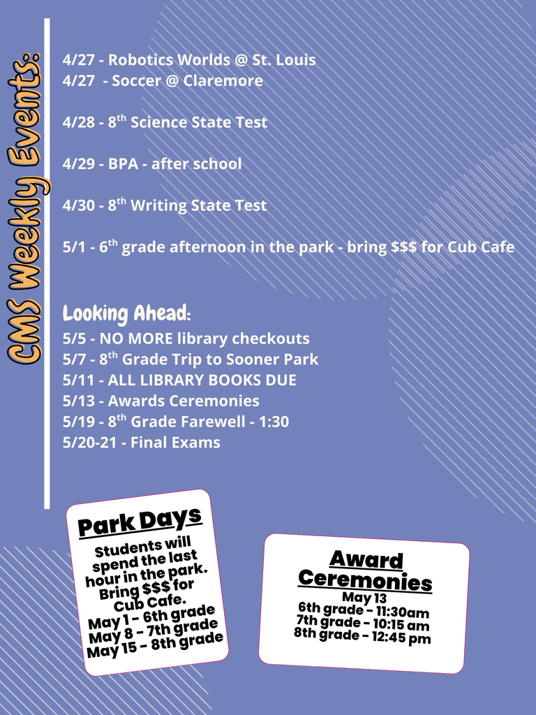 CMS Events Week of April 27
