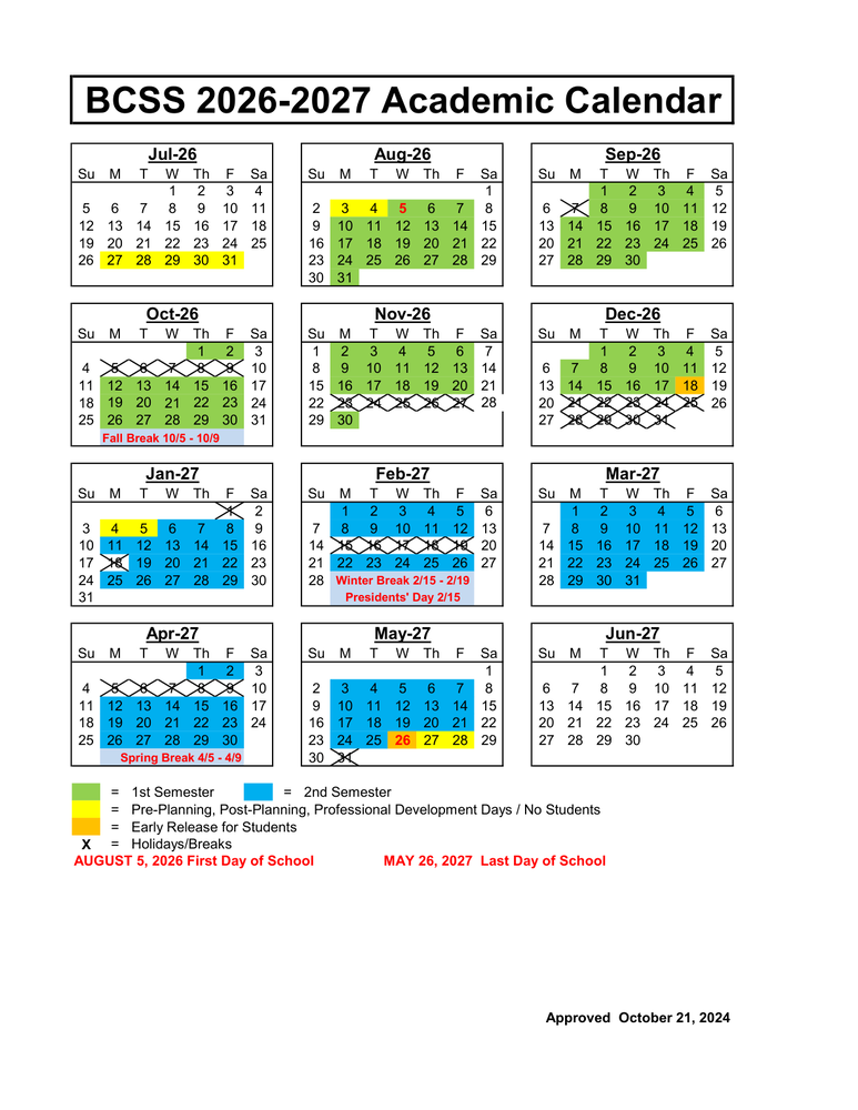 BCSS 2026-2027 Academic Calendar