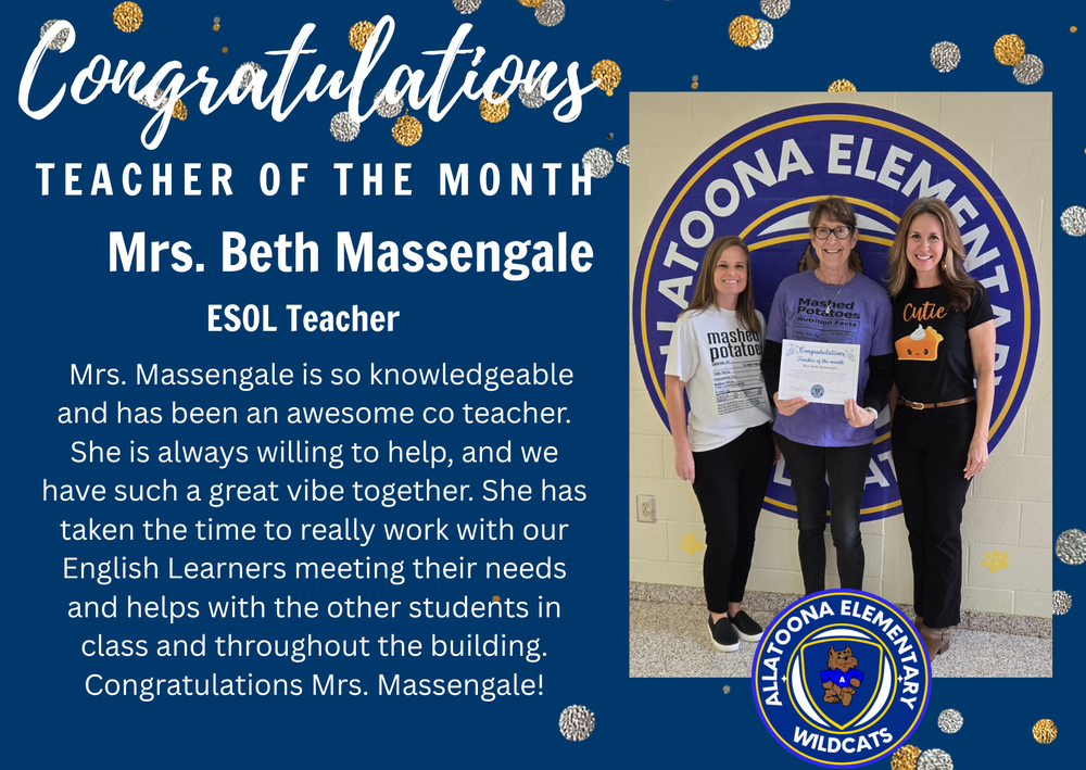 Congratulations Teacher of the Month-Mrs. Beth Massengale