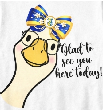 Goose with glasses and a bow that is blue and gold with flowers and Knight logo. Also words that say, "Glad to see you here today!". 