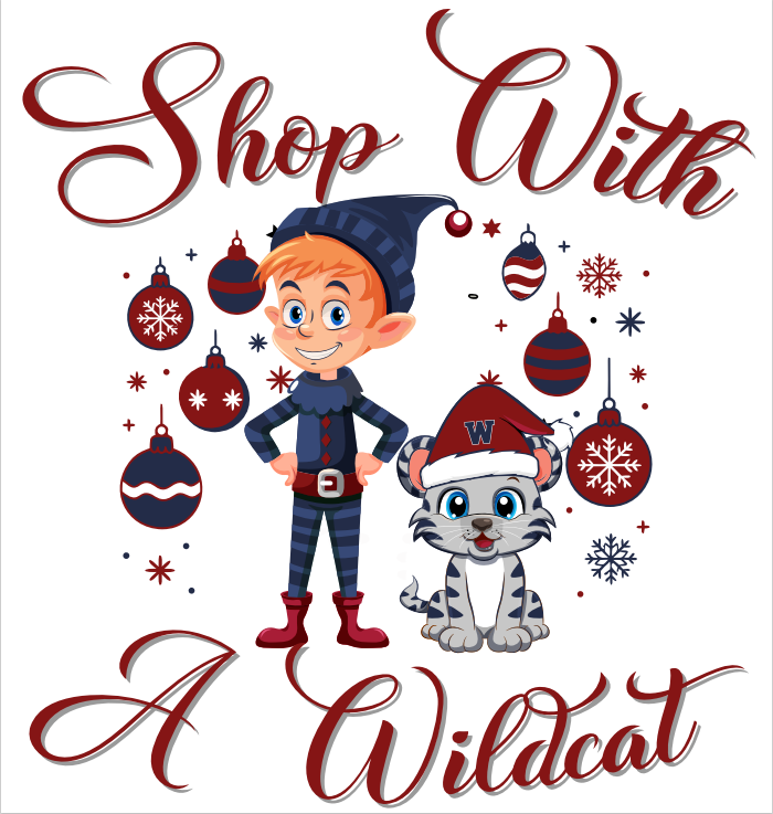 A WHS elf stands beside a little wildcat surrounded by ornaments of navy, cardinal red, and silver.
