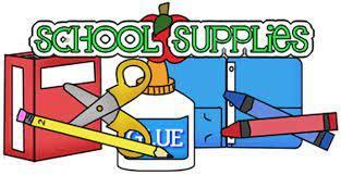 school supplies with glue, pencils, crayons, and a folder
