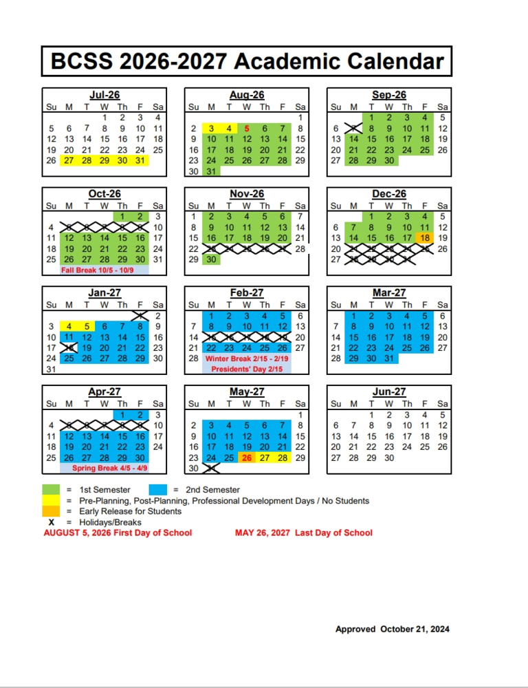 A graphic titled “BCSS 2025–2026 Academic Calendar” displays a month‑by‑month school calendar from July 2025 through June 2026. Each month is shown in a small grid format with dates arranged by week. Several dates across the calendar are shaded in green and blue to indicate different types of school days, including student attendance days, breaks, and professional learning days. A color‑coded legend at the bottom identifies categories such as first semester, second semester, professional learning days, holidays, and early release days. Text at the bottom of the graphic notes “August 8, 2025 – First Day of School” and “May 22, 2026 – Last Day of School.” Additional small text indicates the calendar was approved in October 2024.