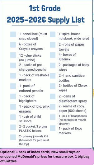 1st grade Supply List 