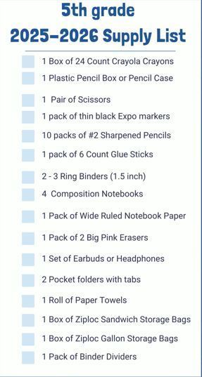 5th grade supply list 