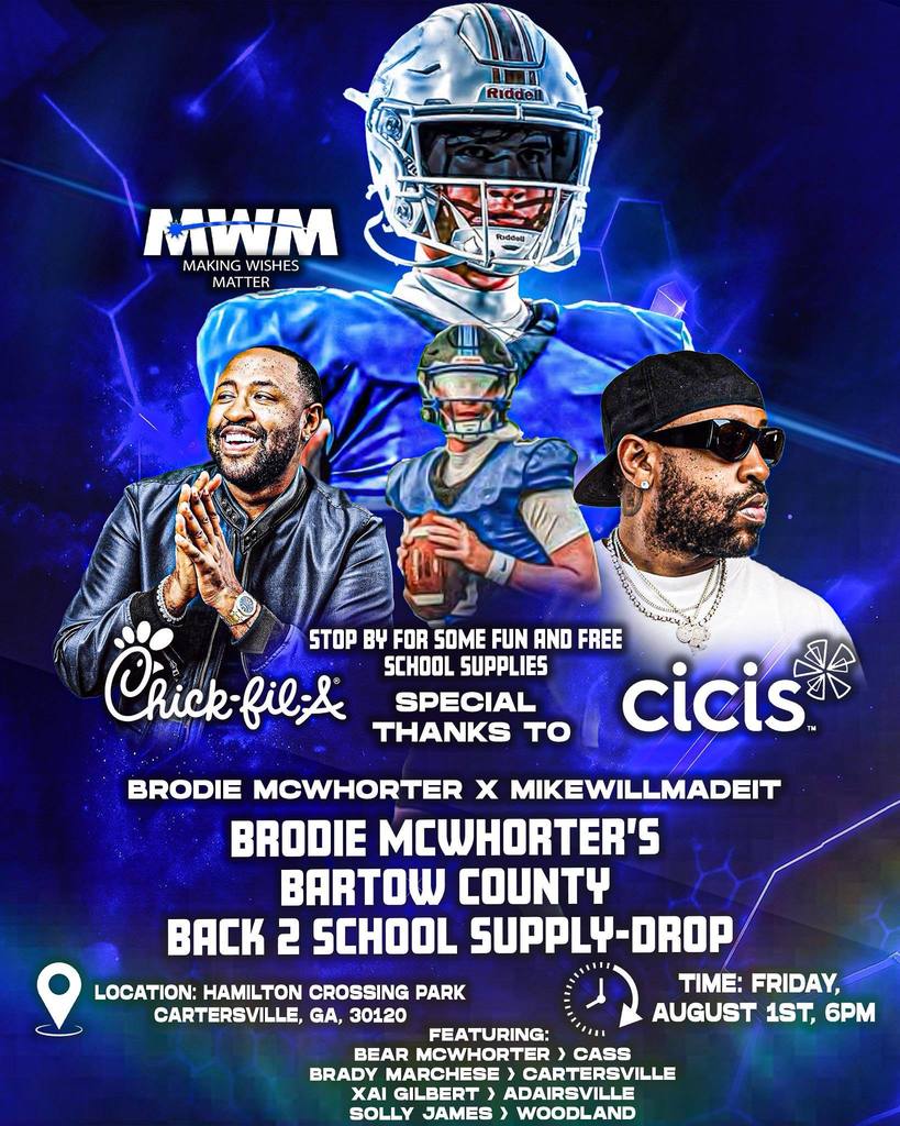 BIGGER THAN BALL: This is what leadership looks like! Cass High School senior Brodie McWhorter is making a real difference in our community!  📅This Friday at 6 PM 📍  Hamilton Crossing Park  He's hosting a School Supply Drive, and you're invited! Swing by for FREE school supplies and a chance to have fun with some local football stars:  ✨ Bear McWhorter (committed to Michigan!) ✨ Xai Gilbert (Adairsville) ✨ Solly James (Woodland) ✨ Brady Marchese (Cartersville)  🙌 This kind of student-led effort is a first of its kind -- kids helping kids in the best way possible. Proof that young people can lead big change! 