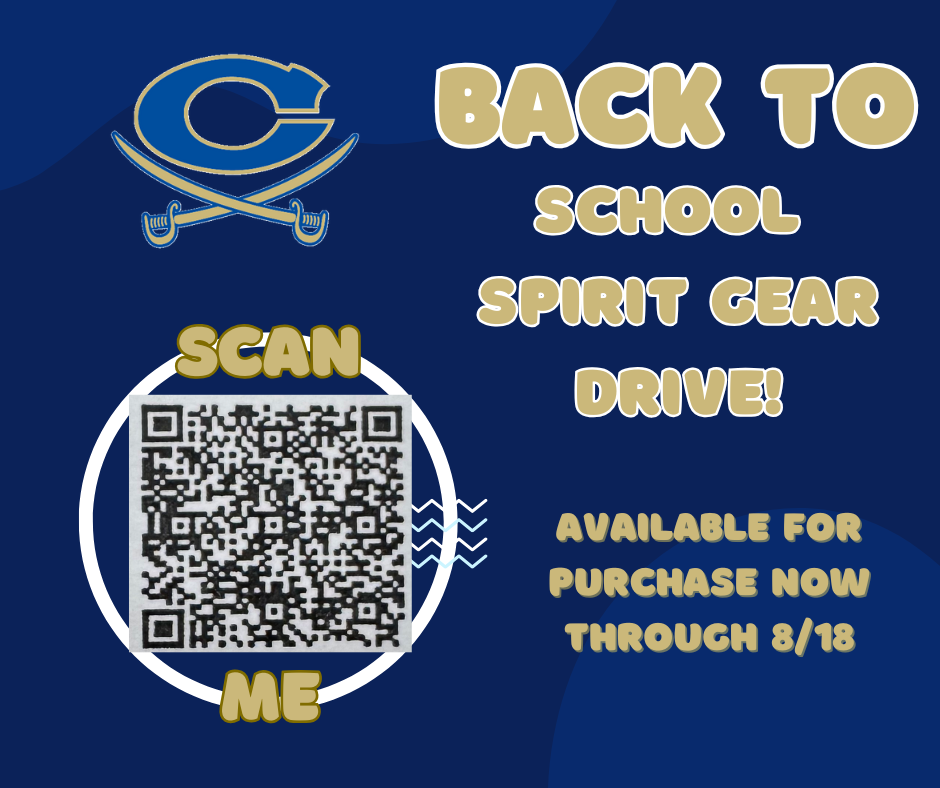 back to school spirit gear drive! available for purchase now through 8/18; qr code on bottom left 